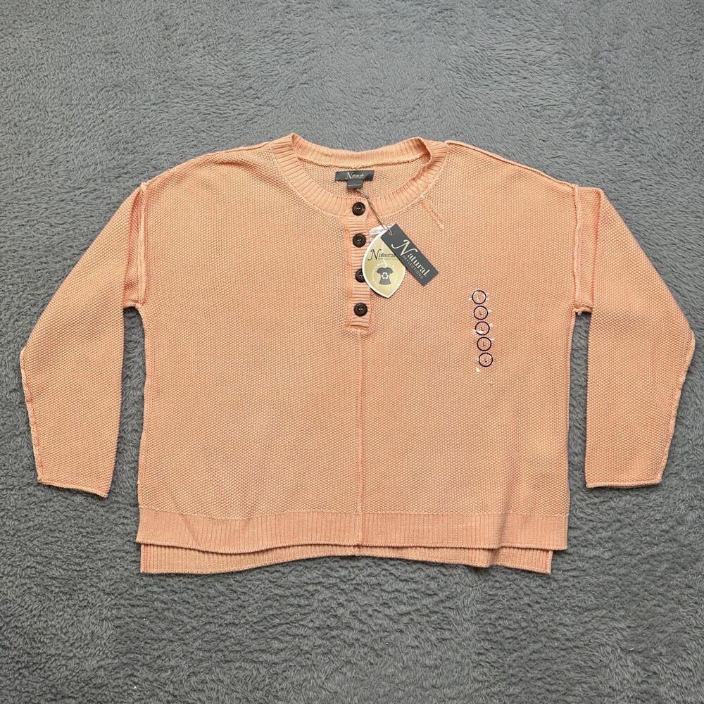 NWT Spring Sweater Womens L Peach Henley Longsleeve Pullover Natural Reflection